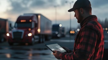 Trucker using tablet technology at dusk modern logistics and transportation