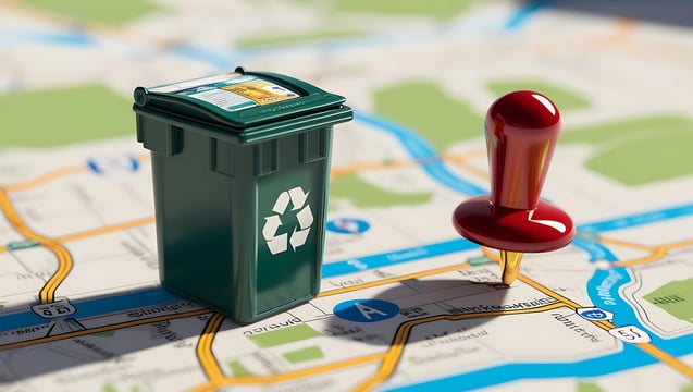 Miniature house recycle bin scooter and location pin on street