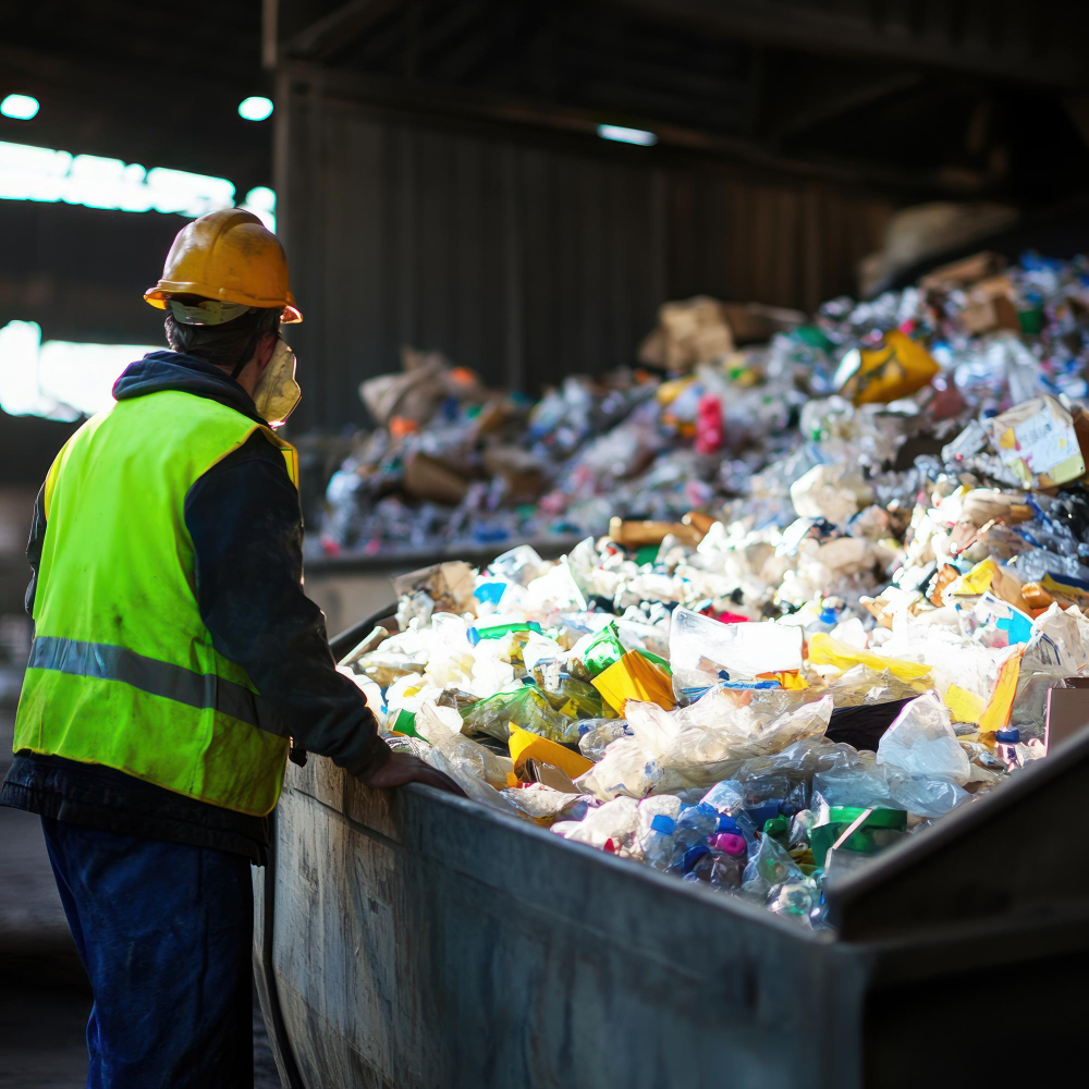 Worker inspecting waste at recycling facility