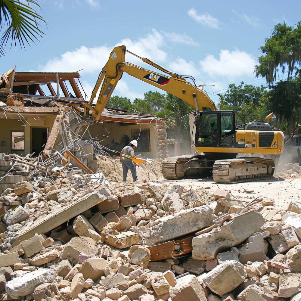 Construction worker operating excavator machinery during house demolition process with rubble and debris on the ground under clear sky