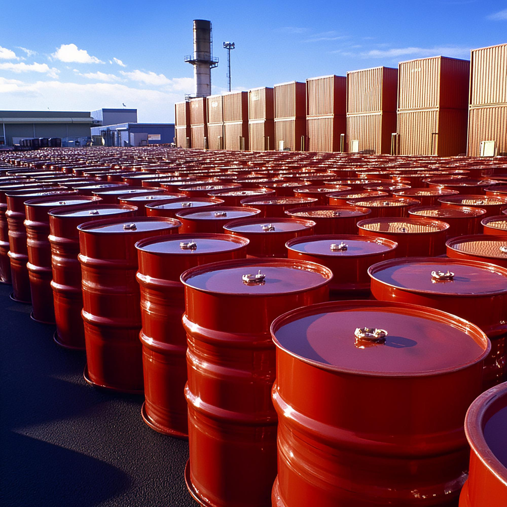 A large amount of red barrels are lined up on a tarmac