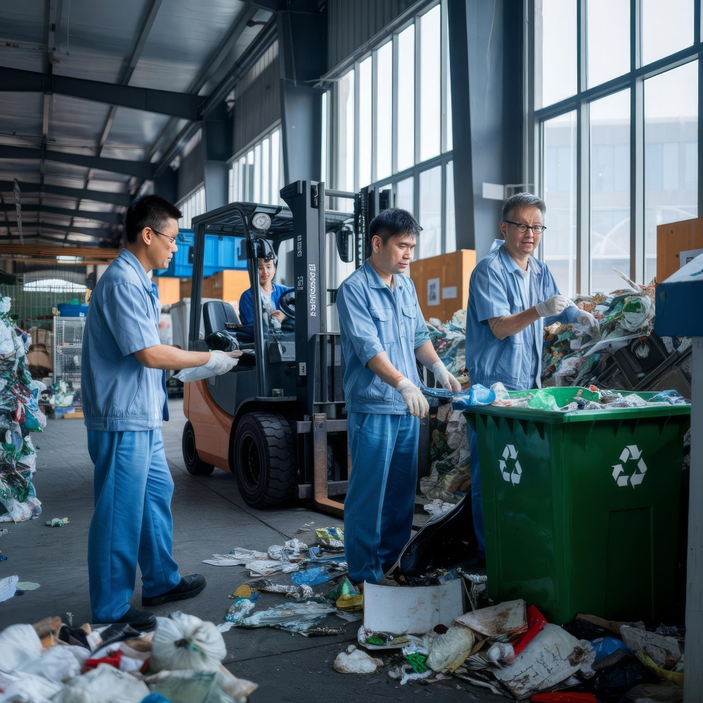 Asian workers in recycling factory with a forklift on the background engineers standing in recyclin