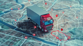 Gaps tracking from top view moving truck with container on a map