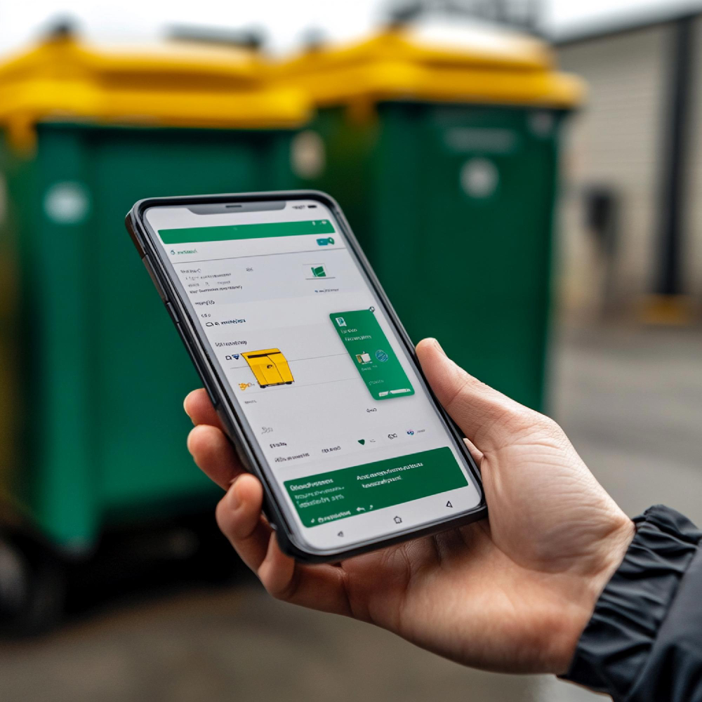 A closeup of a waste management app interface with features for scheduling pickups and reporting