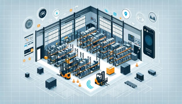 Smart warehouse illustration with forklifts, shelves, and connected IoT devices, representing real-time asset tracking and intelligent inventory management systems.