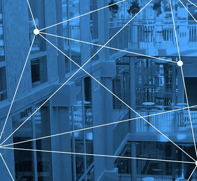 Abstract blue graphic of connected nodes over a building interior, representing Bluetooth connectivity range, IoT communication networks, and wireless asset tracking.