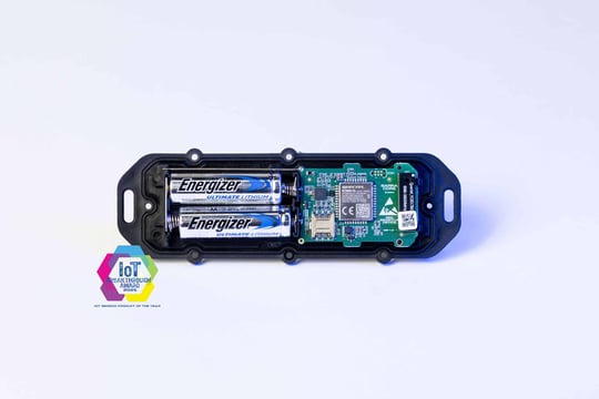 Battery-powered IoT tracking device with Energizer batteries and circuit board, designed for asset monitoring and low-power wireless connectivity solutions.
