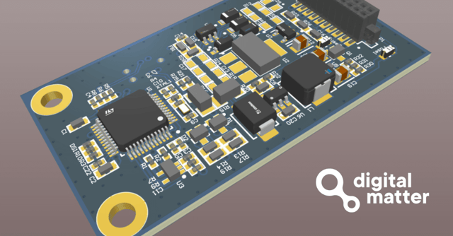 Close-up 3D render of an electronic circuit board with the Digital Matter logo, representing the Hawk IoT device for advanced asset tracking and telemetry solutions.