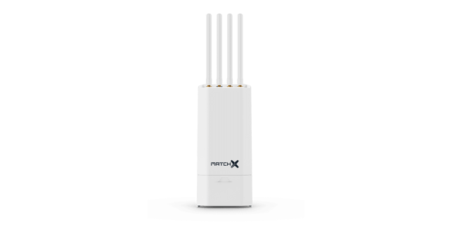 MatchX device with a tall white vertical design and multiple antennas, used for high-performance wireless communication and IoT network connectivity.