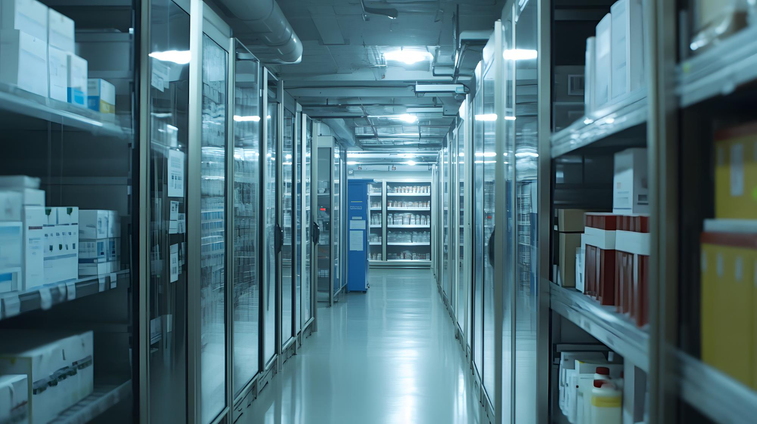 Industrial cold storage facility featuring rows of organized shelves filled with various products illuminated by bright overhead lights creating sterile and efficient environment