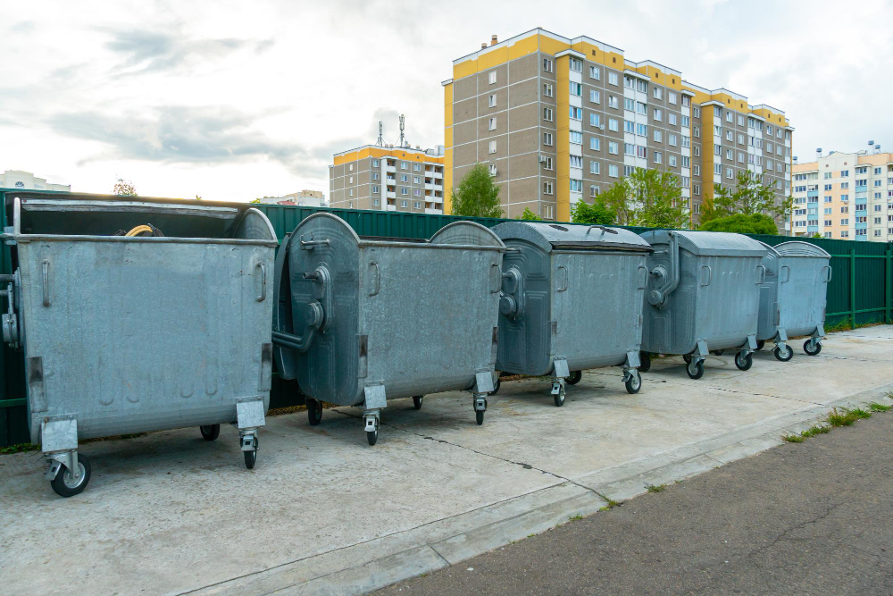 Modern metal containers for separate garbage collection garbage cans in the city on the background of a house environmental disaster problems of waste removal collection and disposal in a big city