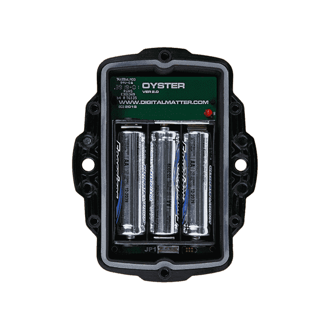 Internal view of Oyster2 LoRa Tracker showing batteries